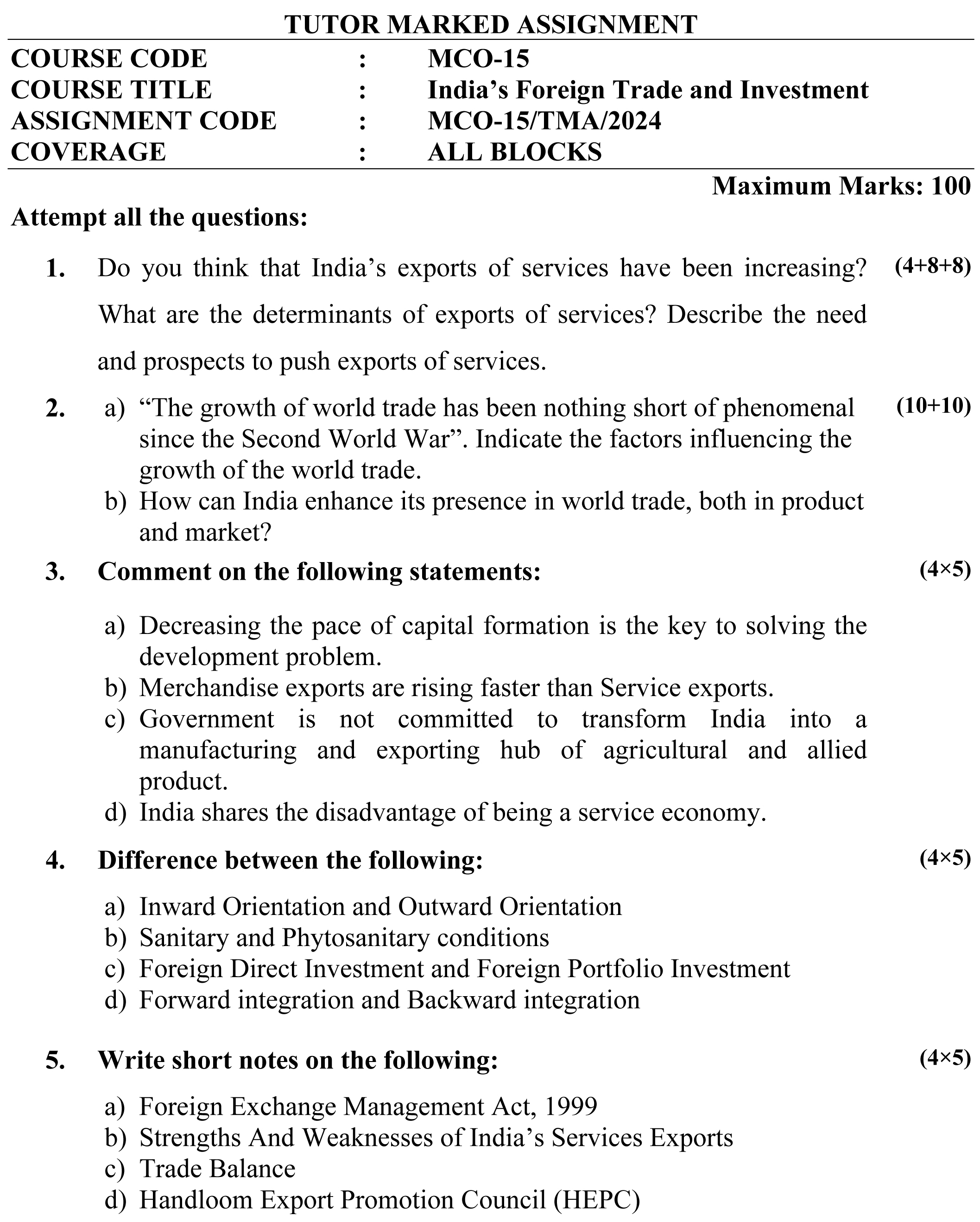 IGNOU MCO-15 - India’s Foreign Trade and Investment  Latest Solved Assignment -January 2024 - July 2024