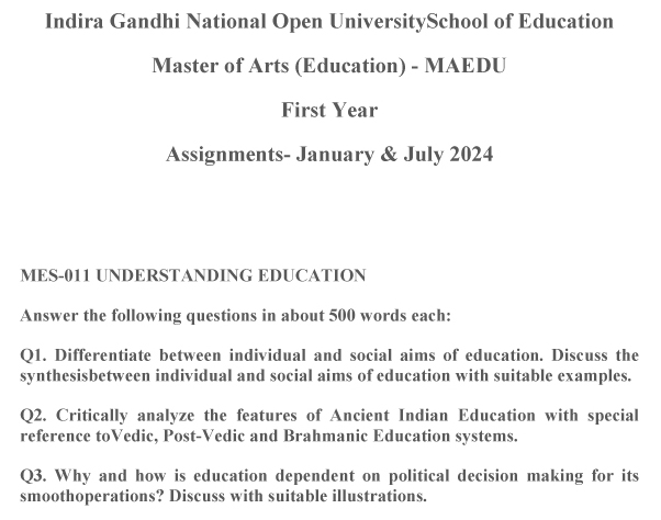 IGNOU MES-11 - Understanding Education, Latest Solved Assignment-January 2024 - July 2024