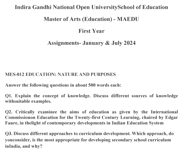 IGNOU MES-12 - Education: Nature and Purposes, Latest Solved Assignment-January 2024 - July 2024