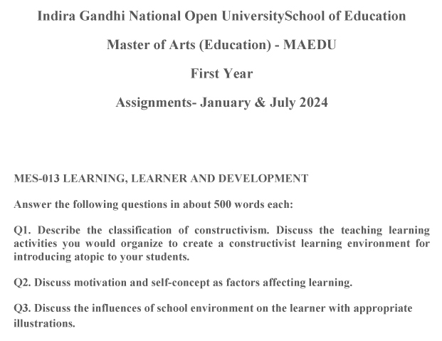 IGNOU MES-13 - Learning, Learner and Development, Latest Solved Assignment-January 2024 - July 2024