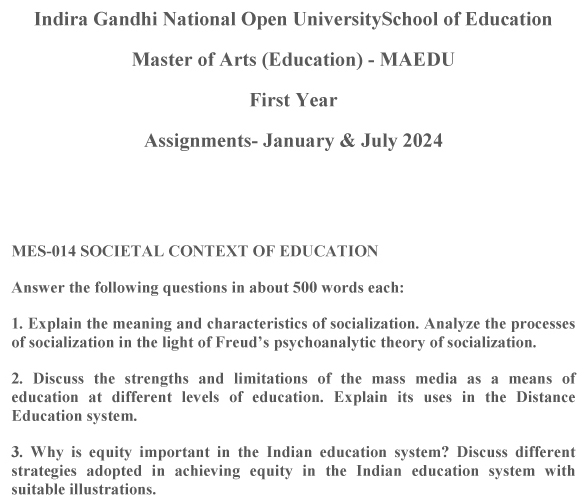 IGNOU MES-14 - Societal Context of Education, Latest Solved Assignment-January 2024 - July 2024