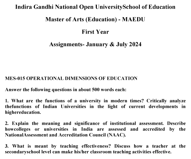 IGNOU MES-15 - Operational Dimensions of Education, Latest Solved Assignment-January 2024 - July 2024