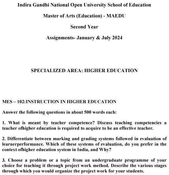 IGNOU MES-102 - Instruction in Higher Education, Latest Solved Assignment-January 2024 - July 2024