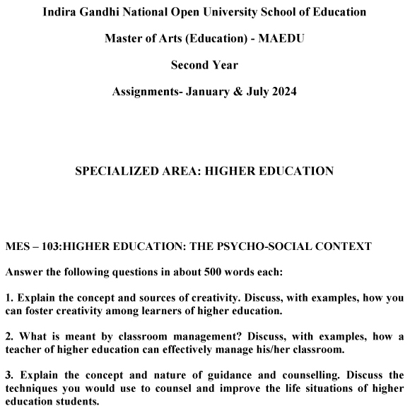 IGNOU MES-103 - Higher Education: The Psycho-social Context, Latest Solved Assignment-January 2024 - July 2024