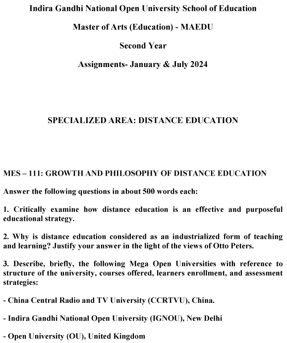 IGNOU MES-111 - Growth and Philosophy of Distance Education, Latest Solved Assignment-January 2024 - July 2024