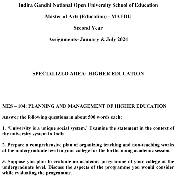 IGNOU MES-104 - Planning and Management of Higher Education, Latest Solved Assignment-January 2024 - July 2024