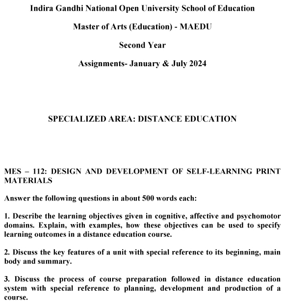 IGNOU MES-112 - Design and Development of Self-Learning Print Materials, Latest Solved Assignment -January 2024 - July 2024