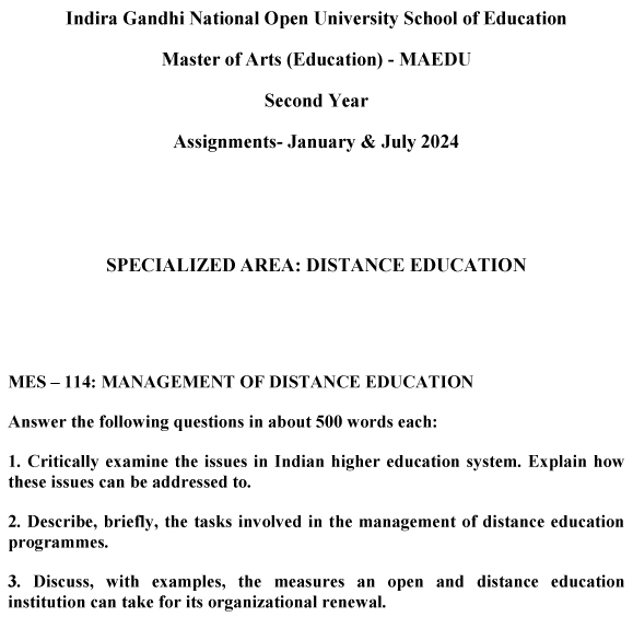 IGNOU MES-114 - Management of Distance Education, Latest Solved Assignment-January 2024 - July 2024