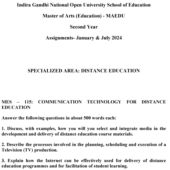 IGNOU MES-115 - Communication Technology for Distance Education, Latest Solved Assignment-January 2024 - July 2024