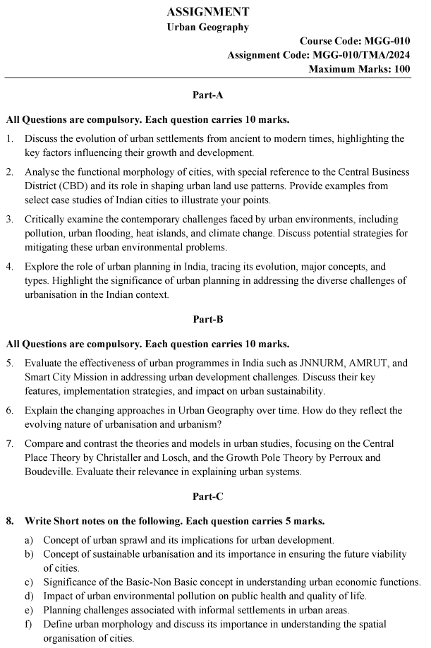 IGNOU MGG-10 - Urban Geography Latest Solved Assignment-January 2024 - December 2024