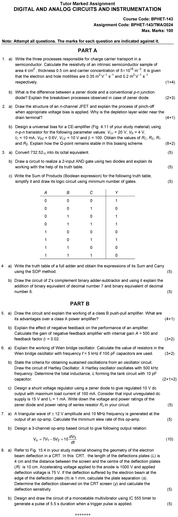 IGNOU BPHET-143 - Digital and Analog Circuits and Instrumentation Latest Solved Assignment-January 2024 - December 2024