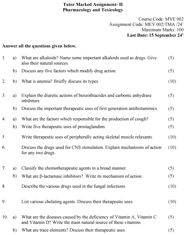 IGNOU MVE-02 - Pharmacology and Toxicology Latest Solved Assignment-January 2024 - July 2024