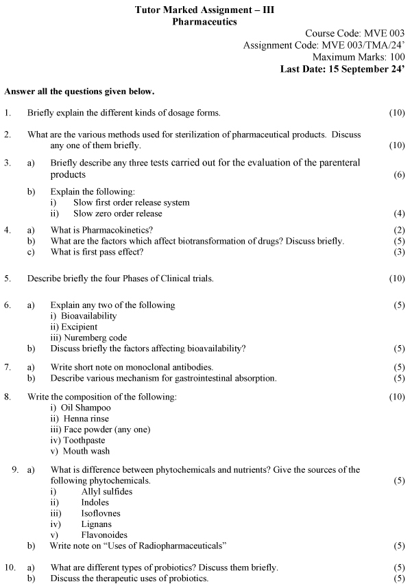 IGNOU MVE-03 - Pharmaceutics Latest Solved Assignment-January 2024 - July 2024