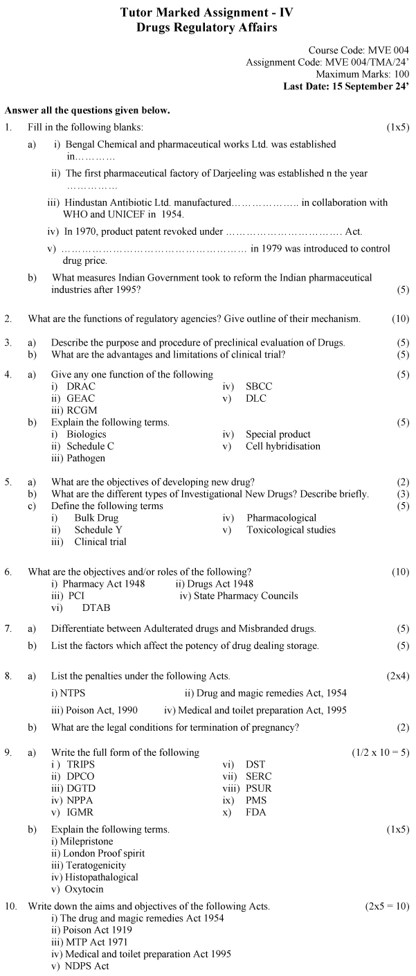 IGNOU MVE-04 - Drugs Regulatory Affairs Latest Solved Assignment-January 2024 - July 2024