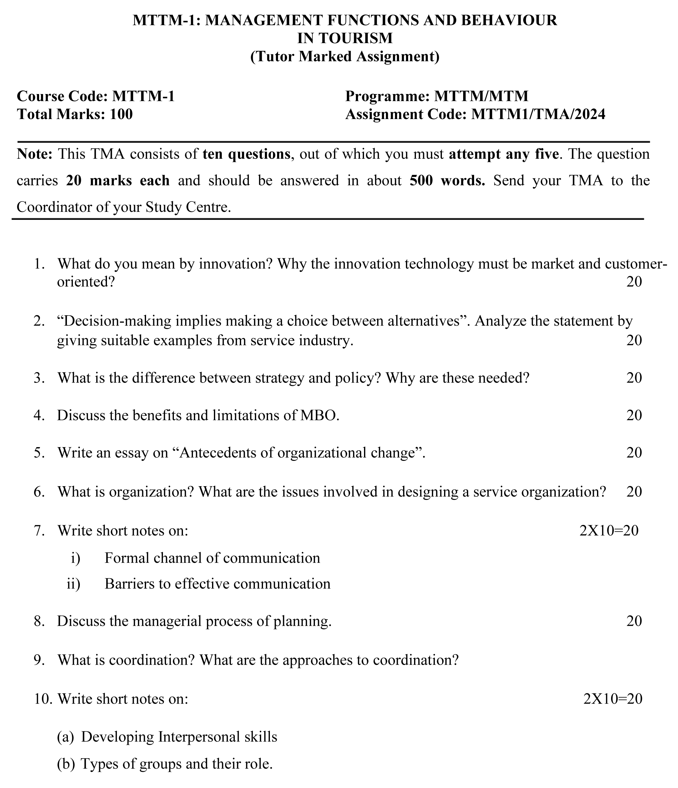 IGNOU MTM-01/MTTM-01 - Management Functions and Behaviour in Tourism, Latest Solved Assignment-January 2024 - July 2024