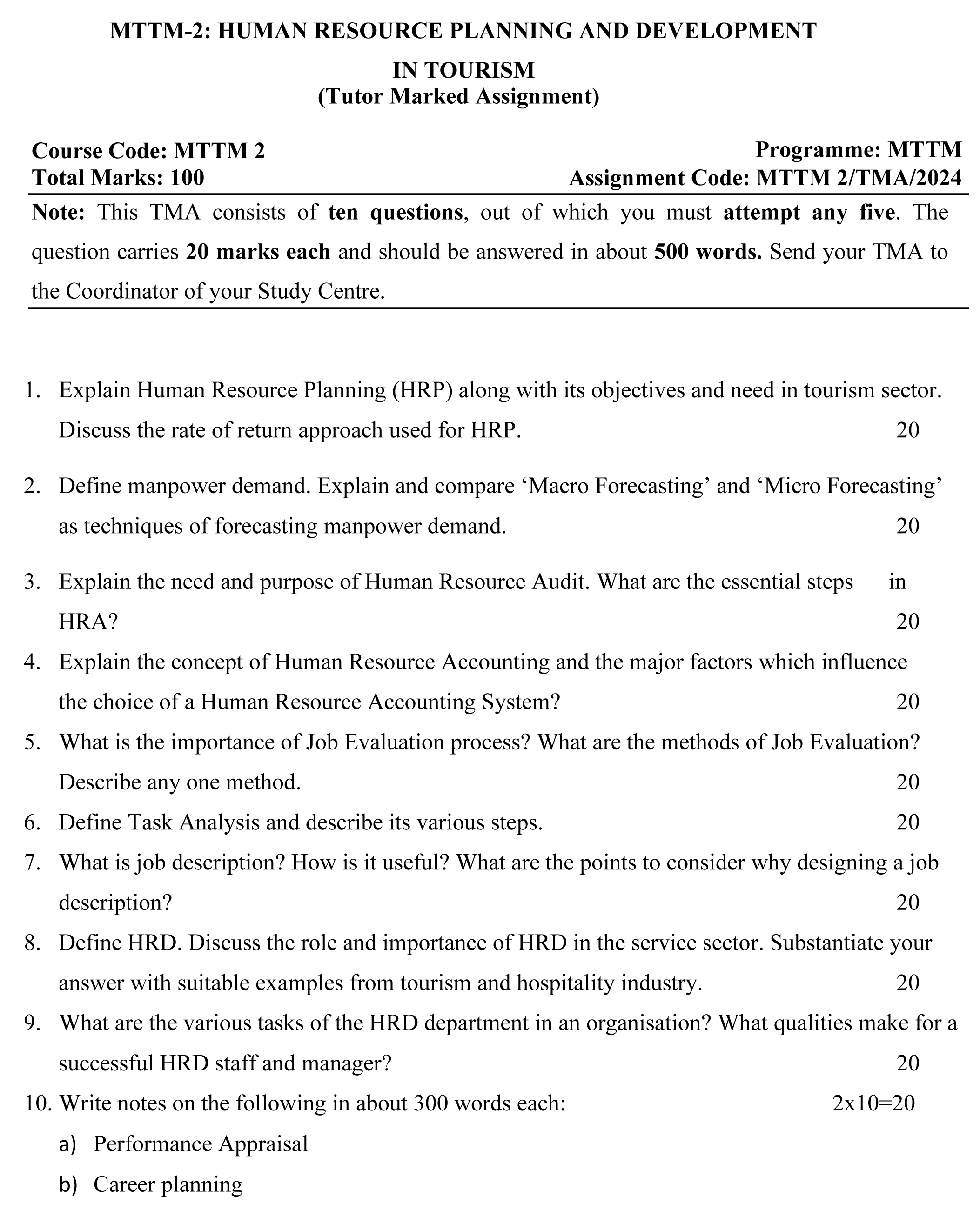 IGNOU MTM-02/MTTM-02 - Human Resource Planning and Development in Tourism, Latest Solved Assignment-January 2024 - July 2024