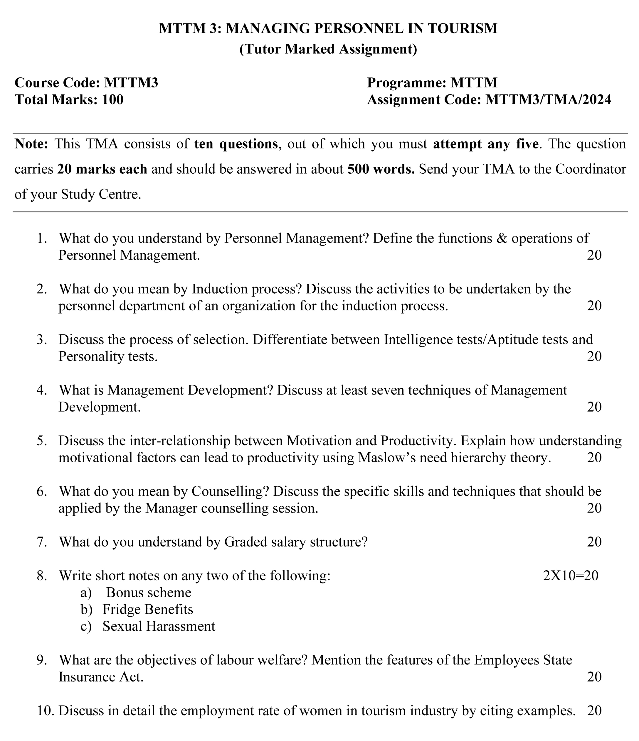 IGNOU MTM-03/MTTM-03 - Human Resource Planning and Development in Tourism, Latest Solved Assignment-January 2024 - July 2024