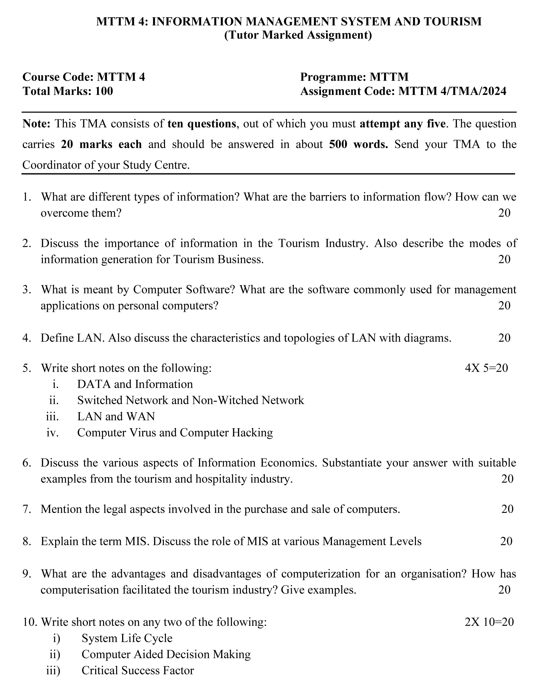 IGNOU MTM-04/MTTM-04 - Information Management Systems and Tourism, Latest Solved Assignment-January 2024 - July 2024