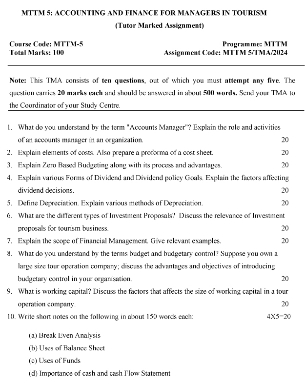 IGNOU MTM-05/MTTM-05 - Accounting and Finance for Managers in Tourism, Latest Solved Assignment-January 2024 - July 2024