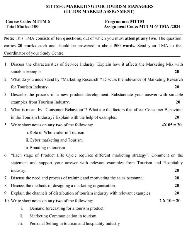 IGNOU MTM-06/MTTM-06 - Marketing for Tourism Managers, Latest Solved Assignment-January 2024 - July 2024