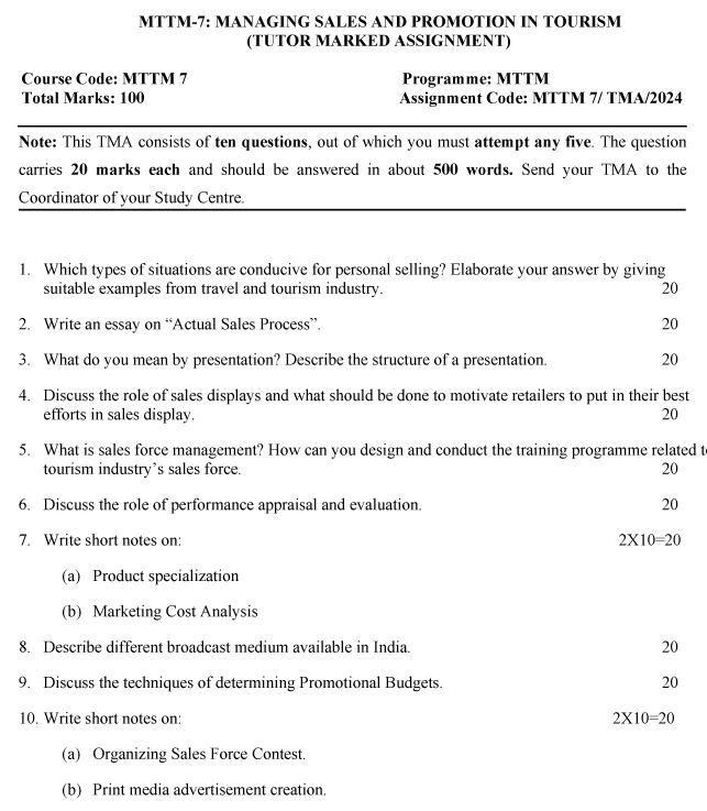 IGNOU MTM-07/MTTM-07 - Managing Sales and Promotion in Tourism, Latest Solved Assignment-January 2024 - July 2024