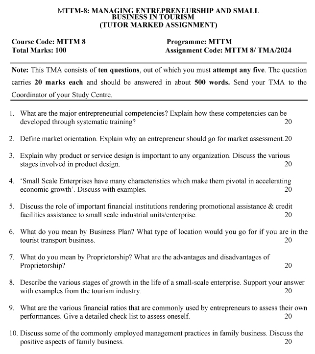 IGNOU MTM-08/MTTM-08 - Managing Small Scale Enterprises in Tourism, Latest Solved Assignment-January 2024 - July 2024