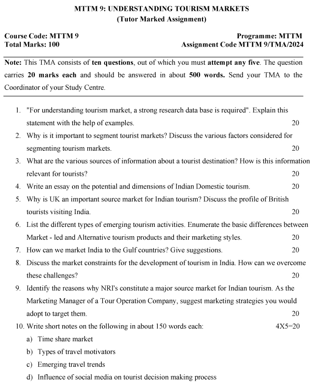 IGNOU MTM-09/MTTM-09 - Understanding Tourism Markets, Latest Solved Assignment-January 2024 - July 2024