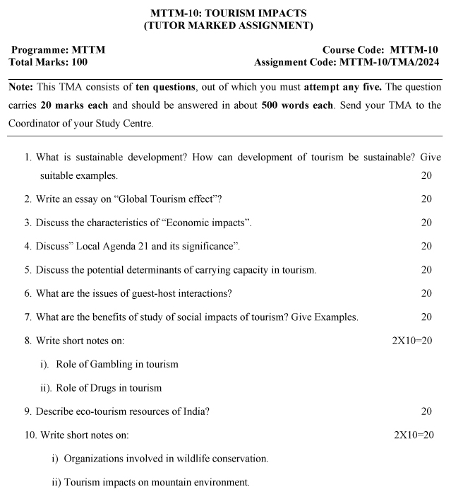 IGNOU MTM-10/MTTM-10 - Tourism Impacts, Latest Solved Assignment-January 2024 - July 2024