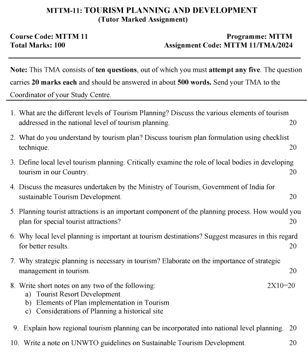 IGNOU MTM-11/MTTM-11 - Tourism Planning and Development, Latest Solved Assignment-January 2024 - July 2024