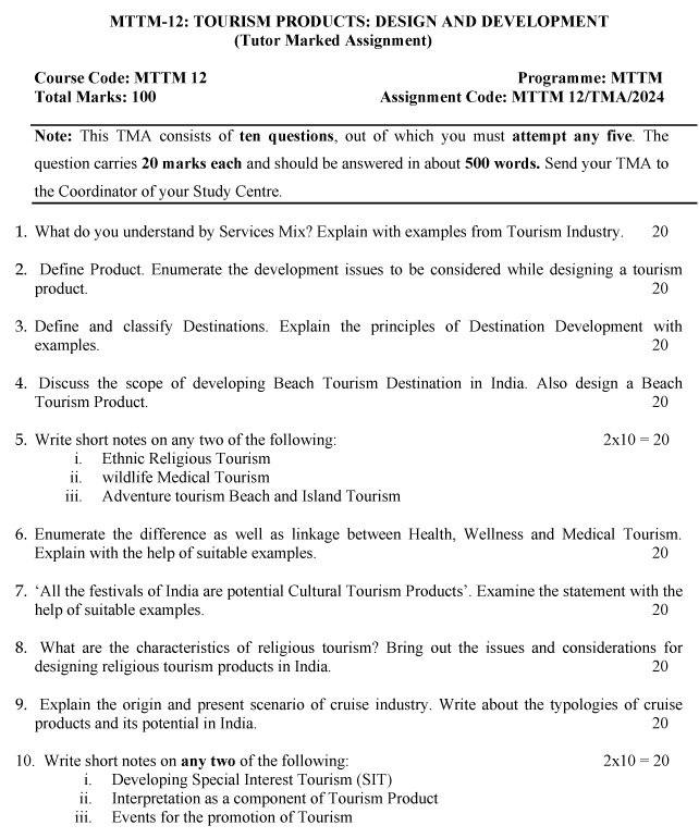 IGNOU MTM-12/MTTM-12 - Tourism Products: Design and Development, Latest Solved Assignment-January 2024 - July 2024