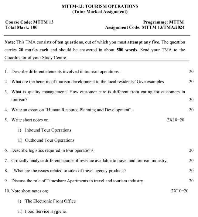 IGNOU MTM-13/MTTM-13 - Tourism Operations, Latest Solved Assignment-January 2024 - July 2024