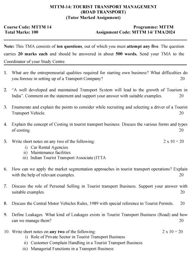 IGNOU MTM-14/MTTM-14 - Tourist Transport Operations (Road Transport), Latest Solved Assignment-January 2024 - July 2024