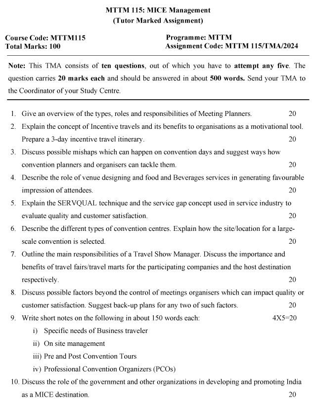 IGNOU MTM/MTTM-115 - MICE Management Latest Solved Assignment-January 2024 - July 2024