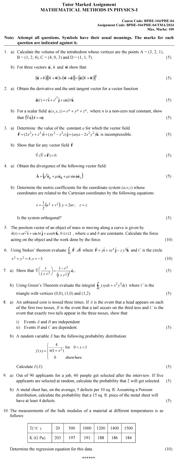 BPHE-104/PHE-04 - Mathematical Methods in Physics-I-January 2024 - December 2024