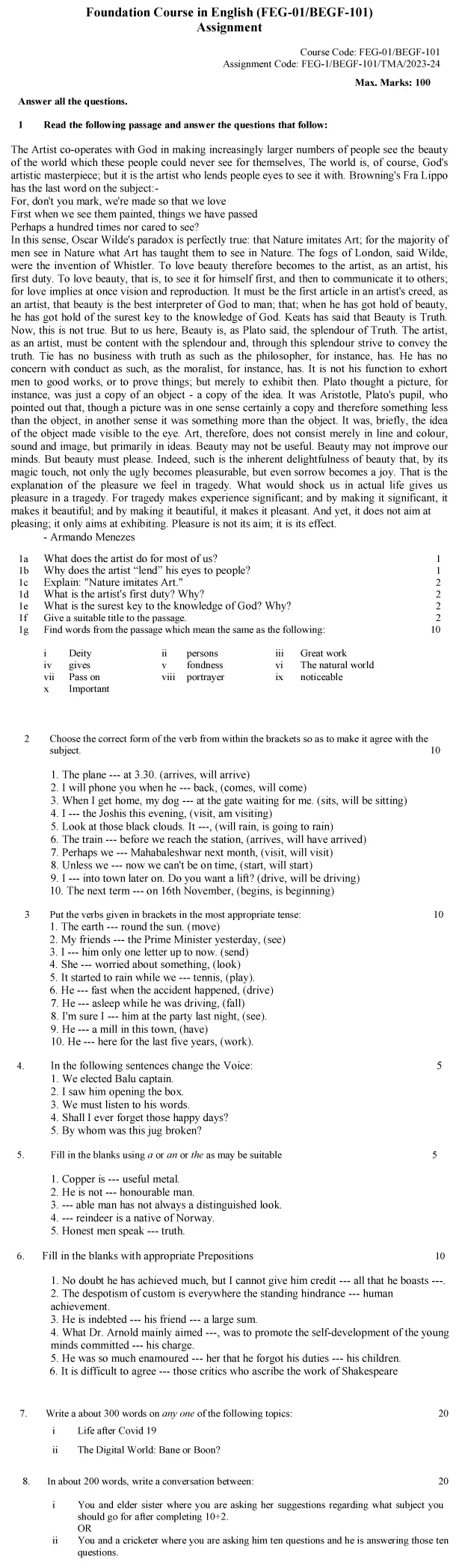 IGNOU FEG-01/BEGF-101 - Foundation Course in English-I Latest Solved Assignment-July 2023 - January 2024