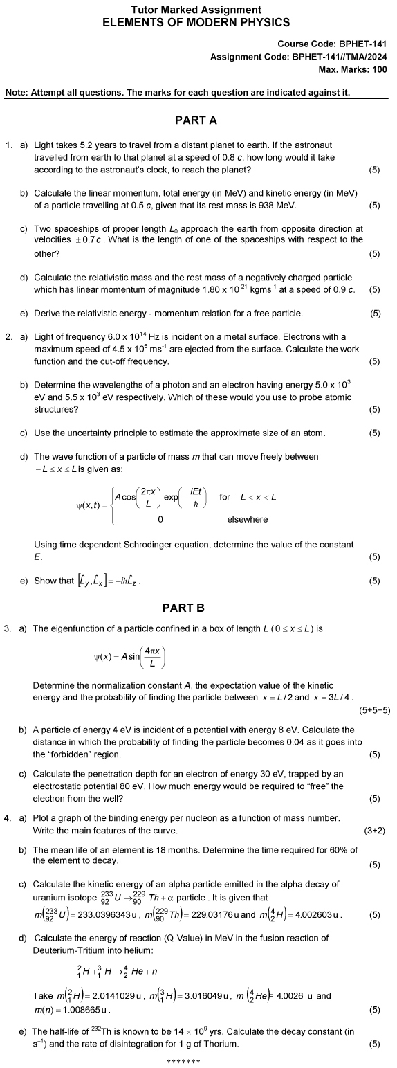 IGNOU BPHET-141 - Elements of Modern Physics Latest Solved Assignment-January 2024 - December 2024