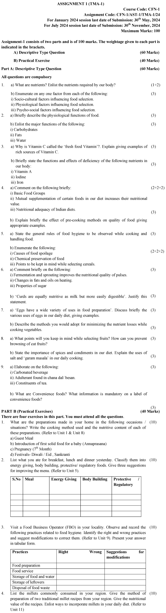 IGNOU CFN-01 - You and Your Food Latest Solved Assignment-January 2024 - July 2024