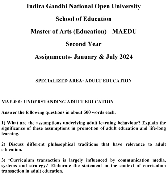 IGNOU MAE-01 - Understanding Adult Education Latest Solved Assignment-January 2024 - July 2024