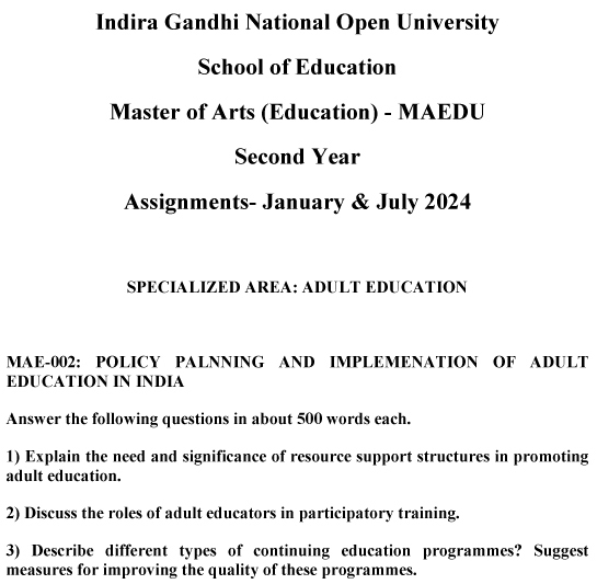 IGNOU MAE-02 - Policy Planning and Implementation of Adult Education in India Latest Solved Assignment-January 2024 - July 2024