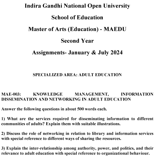 IGNOU MAE-03 - Knowledge Management, Information Dissemination and Networking in Adult Education Latest Solved Assignment-January 2024 - July 2024