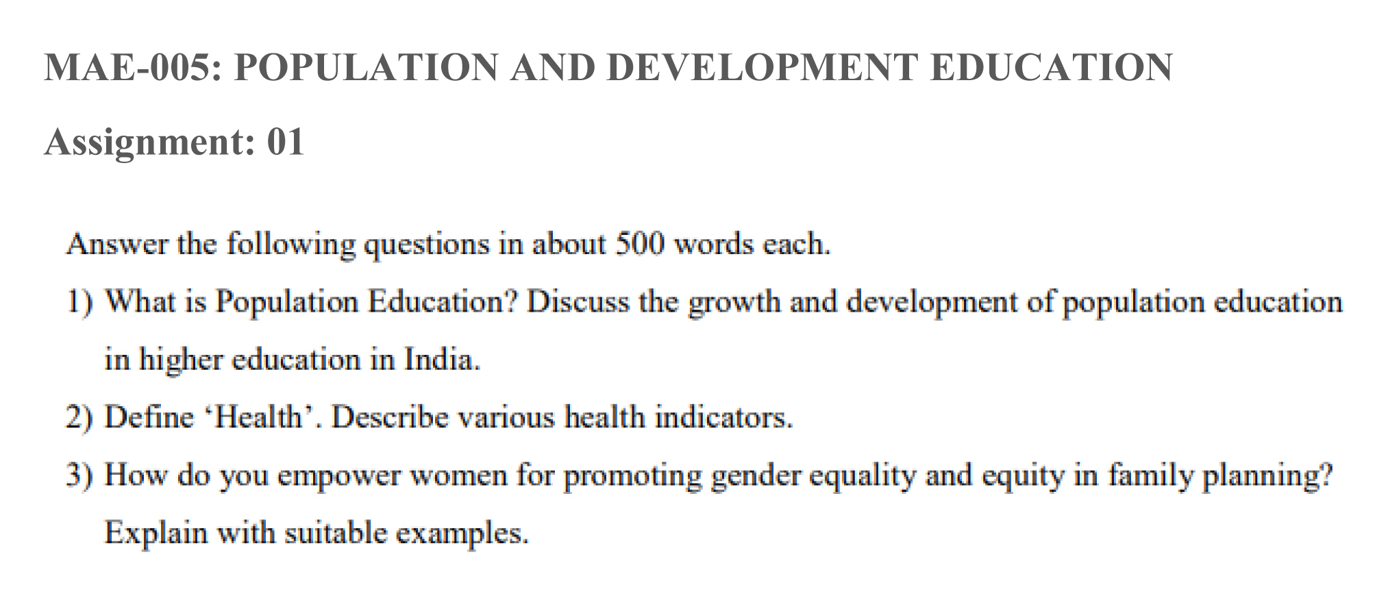 IGMOU MAE-05 - Population and Development Education Latest Solved Assignment-January 2024 - July 2024