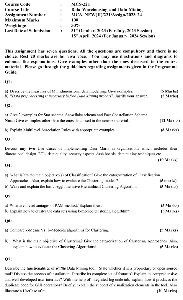 IGNOU MCS-221 - Data Warehousing and Data Mining Latest Solved Assignment -July 2023 - January 2024