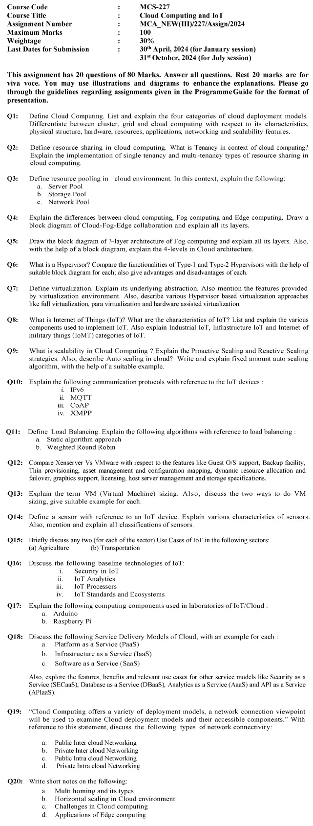 MCS-227 - Cloud Computing and IoT-January 2024 - July 2024