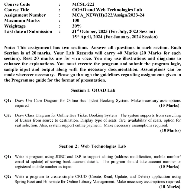 IGNOU MCSL-222 - OOAD and Web Technologies Lab Latest Solved Assignment-July 2023 - January 2024