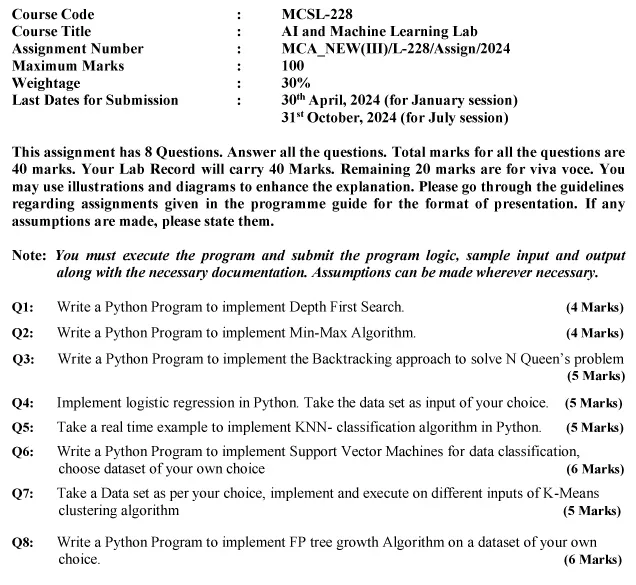 IGNOU MCSL-228 - AI and Machine Learning Lab Latest Solved Assignment-January 2024 - July 2024