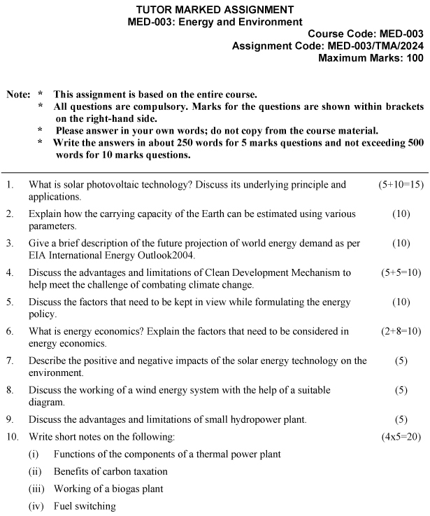 IGNOU MED-03 - Energy and Environment Latest Solved Assignment-January 2024 - December 2024