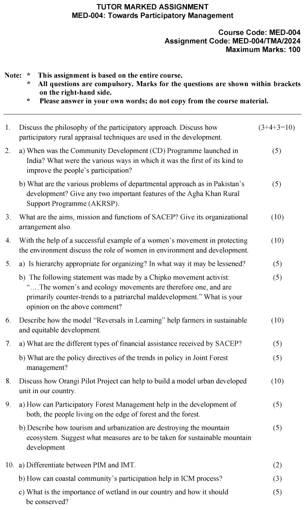 IGNOU MED-04 - Towards Participatory Management Latest Solved Assignment-January 2024 - December 2024