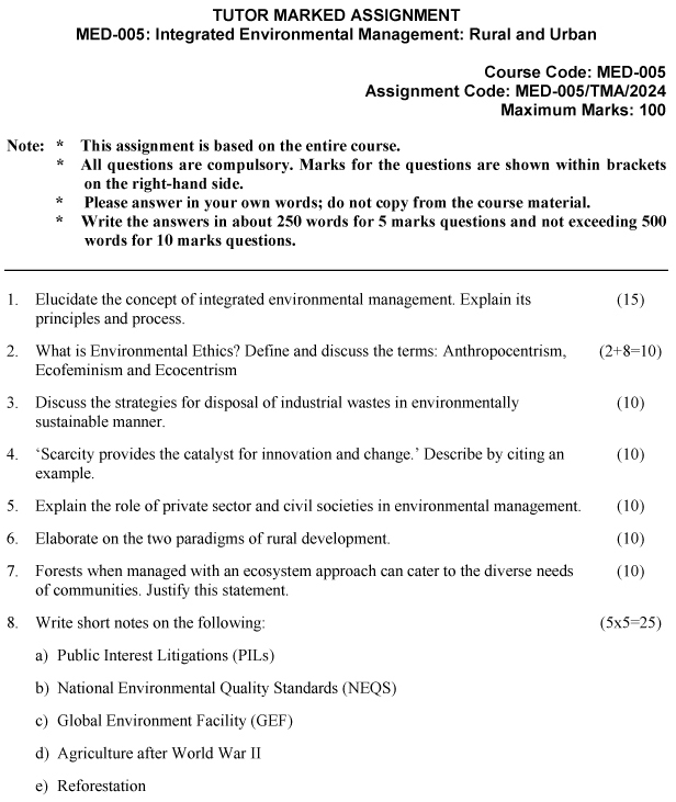 IGNOU MED-05 - Integrated Environment Management: Urban and Rural Latest Solved Assignment-January 2024 - December 2024