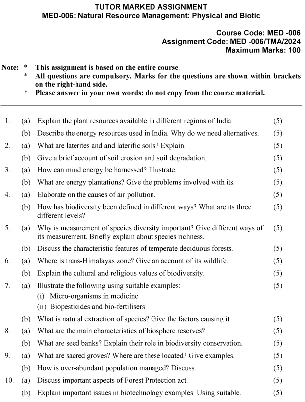 IGNOU MED-06 - Natural Resource Management: Physical and Biotic Latest Solved Assignment-January 2024 - December 2024