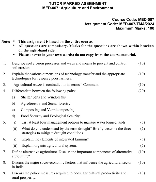 IGNOU MED-07 - Agriculture and Environment Latest Solved Assignment-January 2024 - December 2024